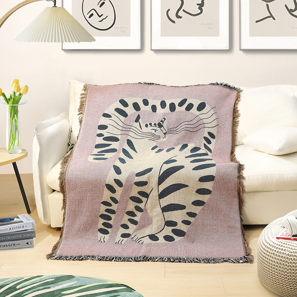 Boho Throw Blanket Fringe - Coperta Decorativa Boho con Gatto Astratto